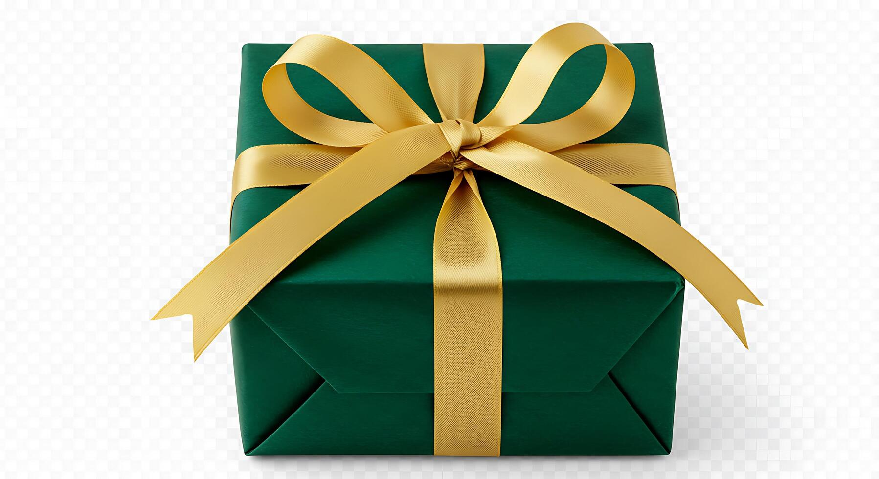 Green gift box with golden ribbon on a white background photo