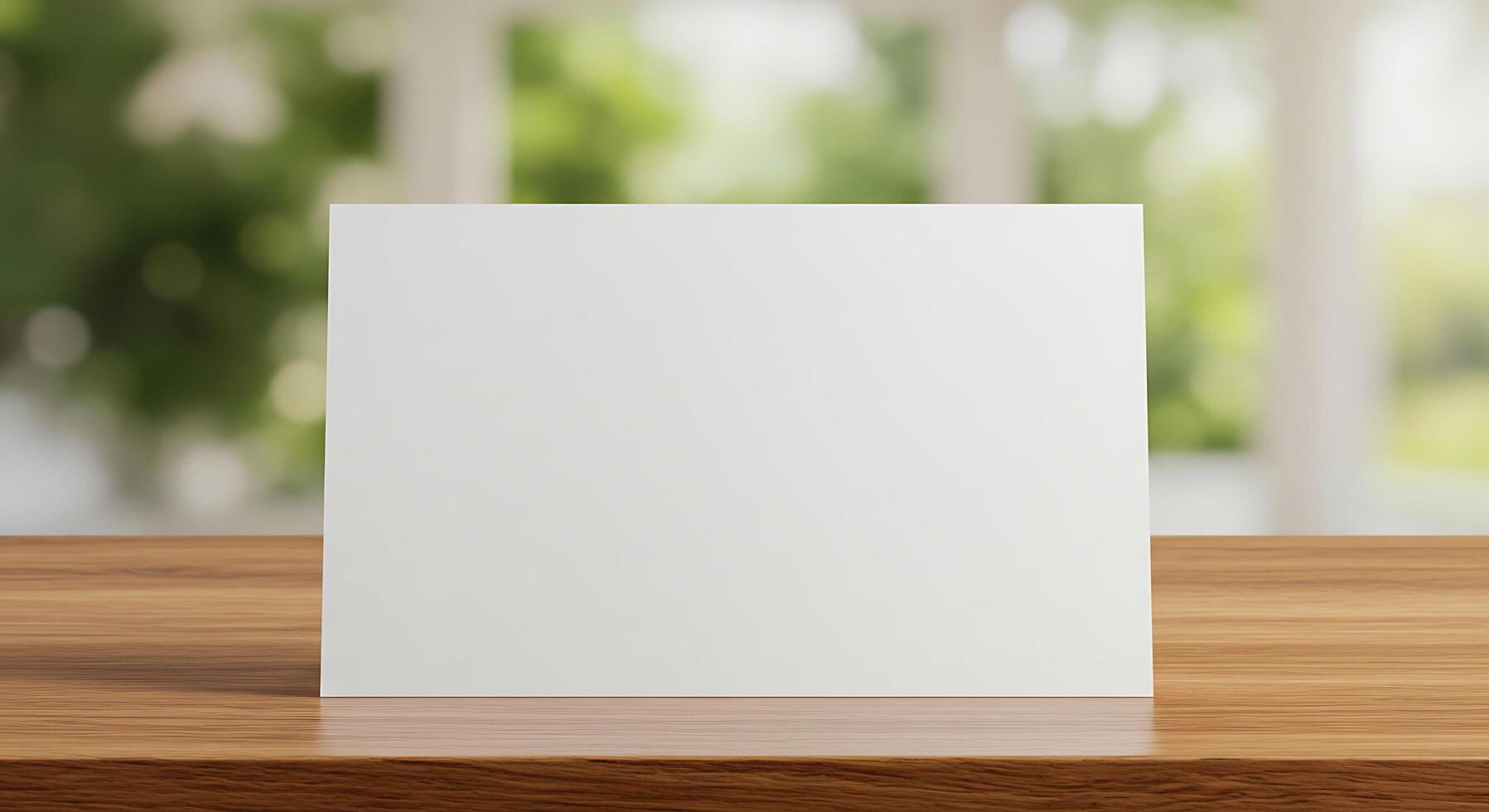 Blank white card on wooden table with blurred background photo