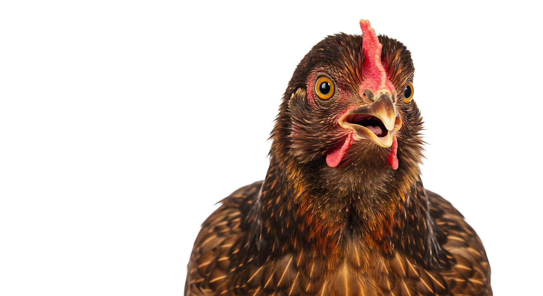 A close up of a chicken with its mouth open photo