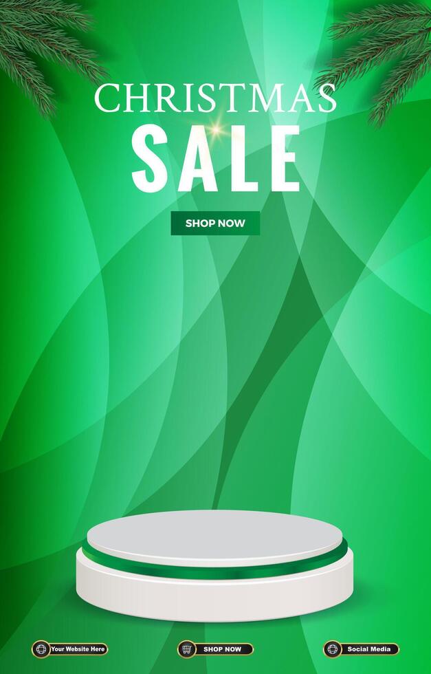 christmas sale discount portait template banner with blank space 3d podium for social media post product sale with abstract gradient green background design vector