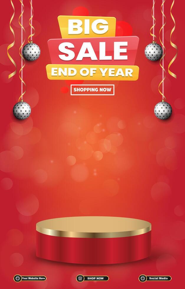 end of year sale discount portait template banner with blank space 3d podium for social media post product sale with abstract red background vector