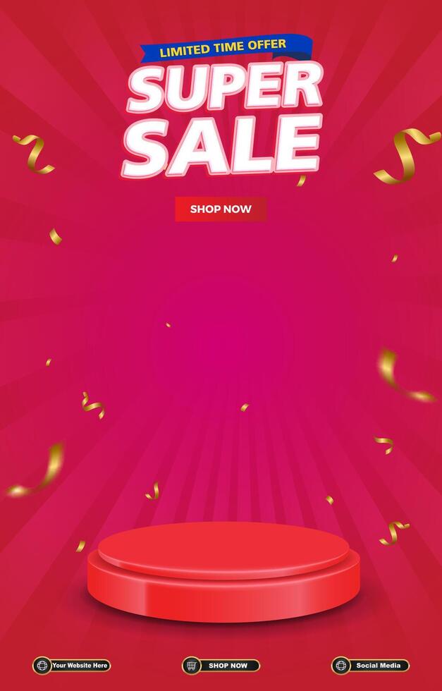 limited super sale discount portait template banner with blank space 3d podium for social media post product sale with abstract gradient red background design vector