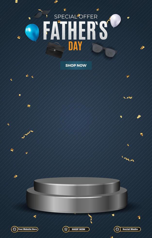 father day sale discount portait template banner with blank space 3d podium for social media post product sale with abstract gradient blue background design vector