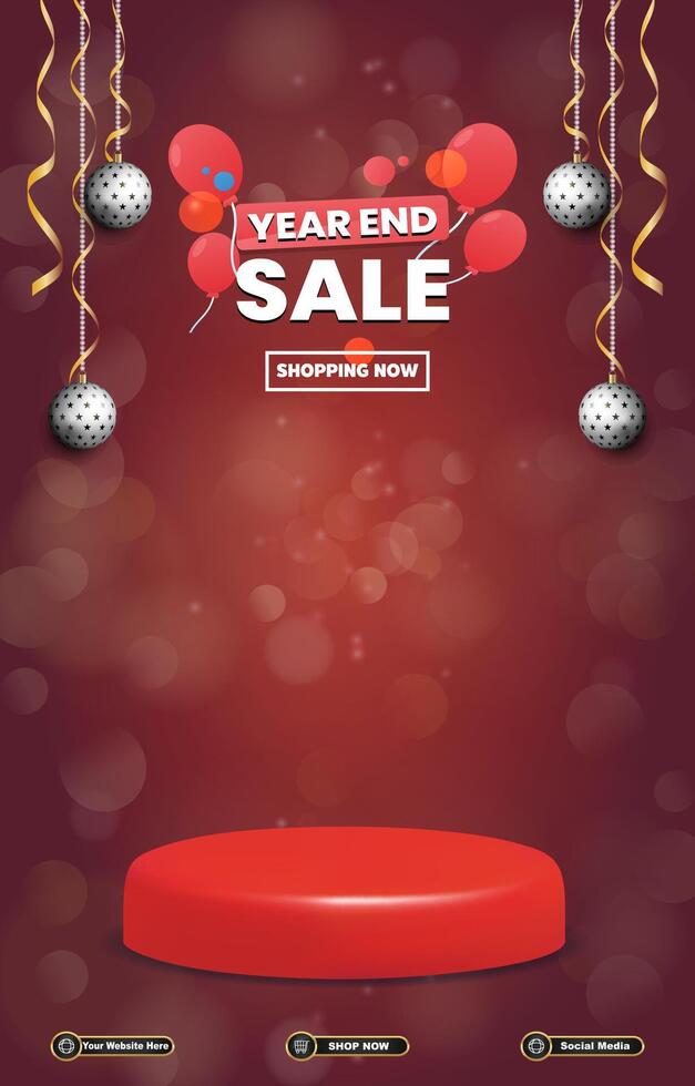 end of year sale discount portait template banner with blank space 3d podium for social media post product sale with abstract gradient red background vector