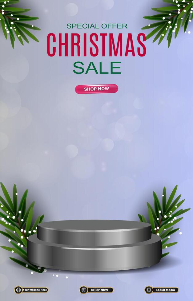 christmas sale discount portait template banner with blank space 3d podium for social media post product sale with abstract gradient blue background design vector