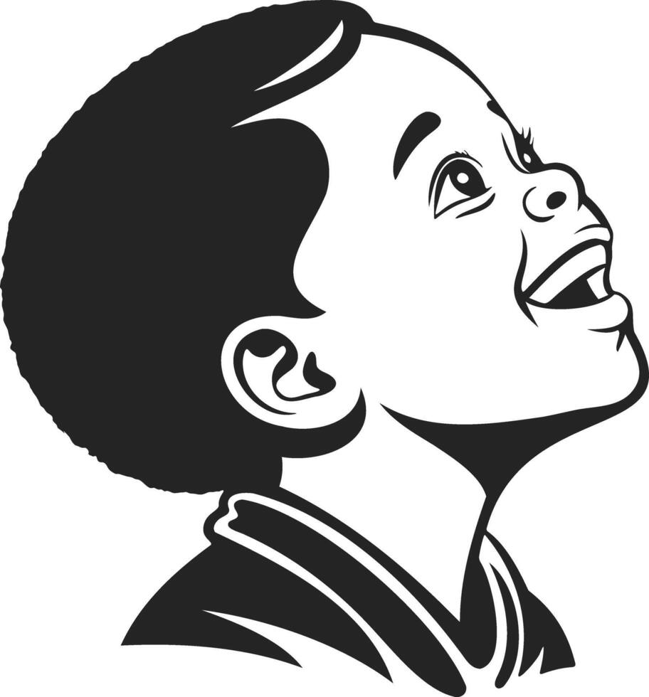 Minimalist black and white portrait of a joyful child looking up vector