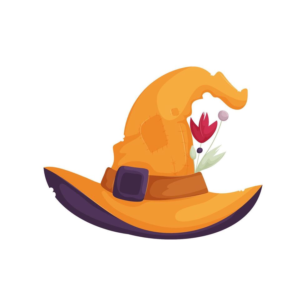 Illustration of a yellow witch hat adorned with a red flower, green leaves, and a brown belt, featuring a rustic design. vector