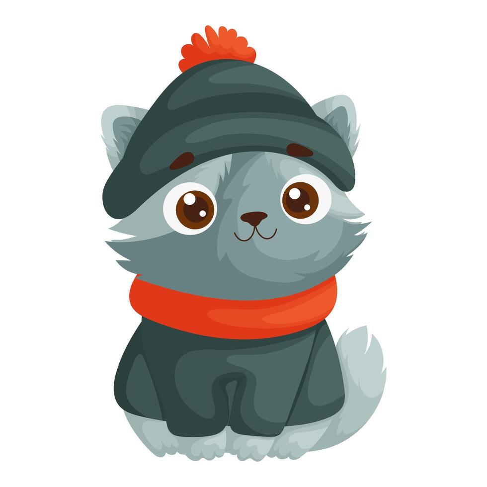 Adorable cartoon gray cat dressed in a cozy winter outfit with a pom-pom hat and scarf, sitting on a white background. vector