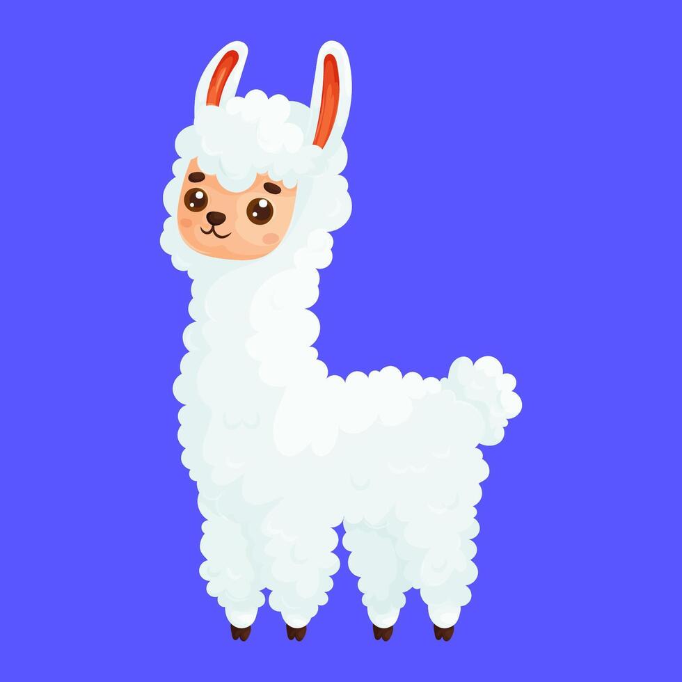Charming cartoon llama with fluffy white fur and a sweet expression, standing on a vibrant blue background. Ideal for kids' designs. vector