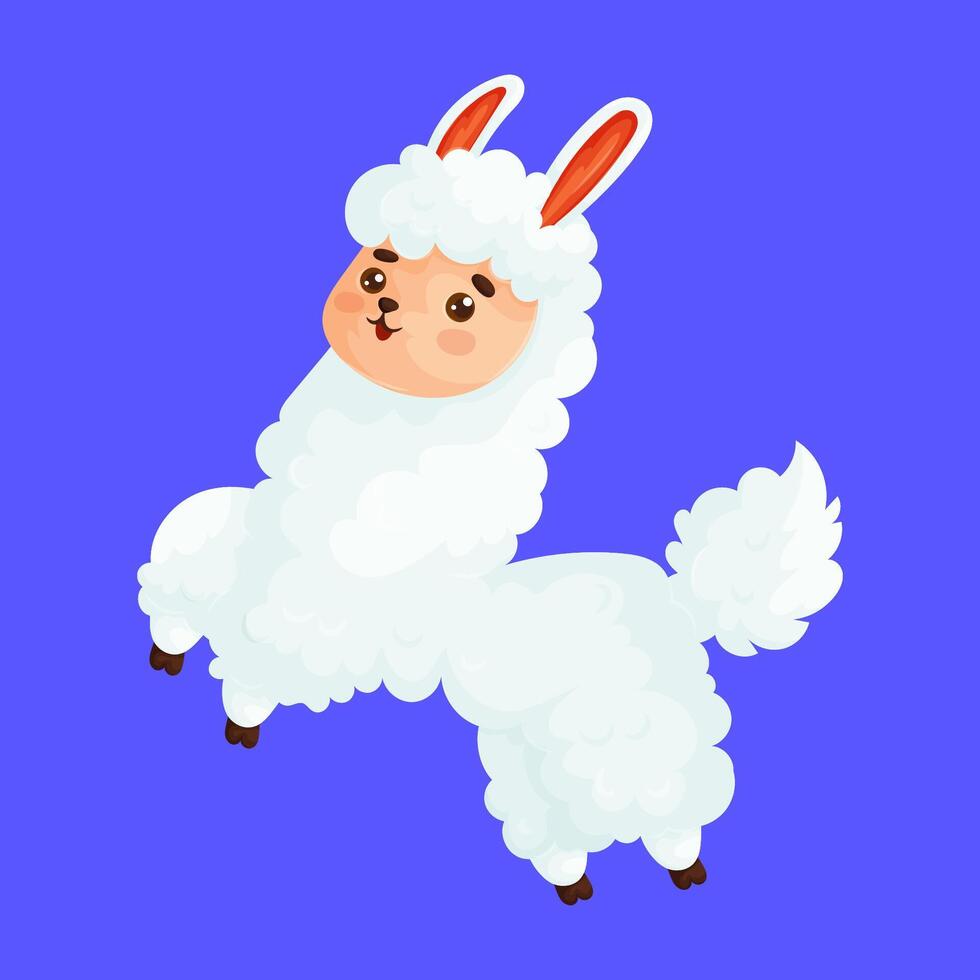 Cute cartoon alpaca with fluffy fur and playful pose, set against a vibrant blue background. Perfect for fun designs. vector