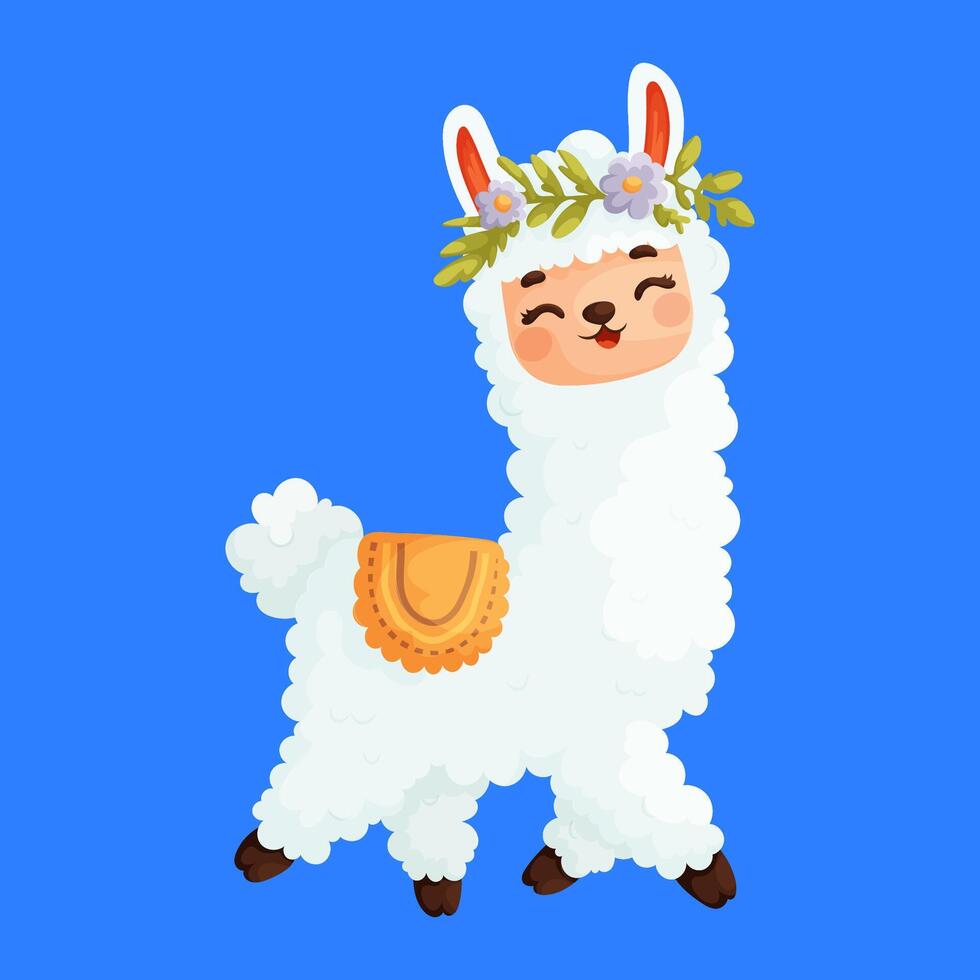 Charming cartoon illustration of a fluffy white alpaca wearing a flower crown and orange blanket, smiling on a blue background. vector