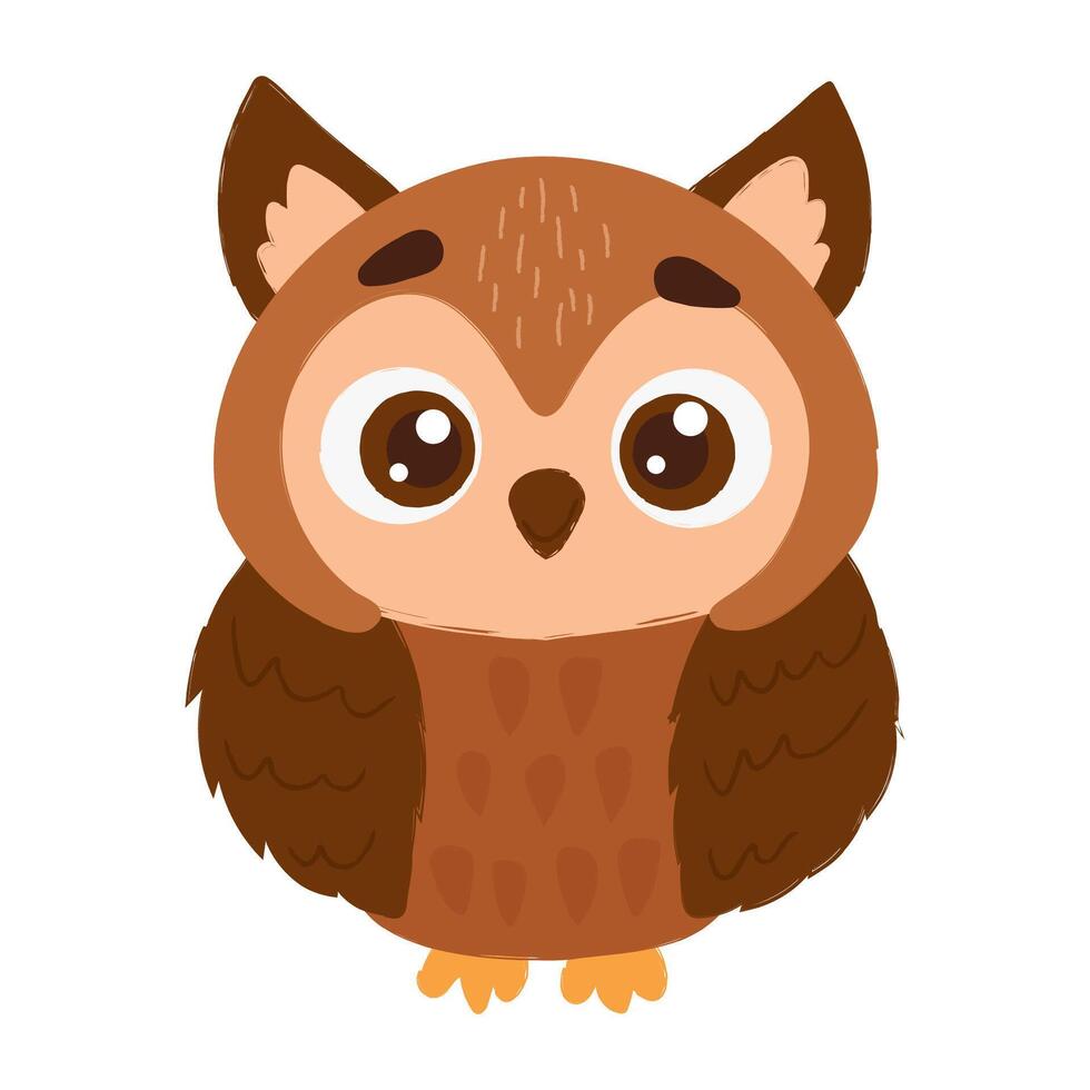 Charming cartoon illustration of a brown owl with big eyes, fluffy feathers, and an adorable expression on a white background. vector