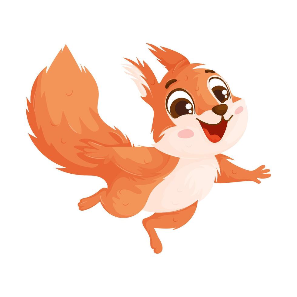 A playful cartoon squirrel with a bushy tail jumping energetically, showcasing a wide smile and cheerful expression on a white background. vector