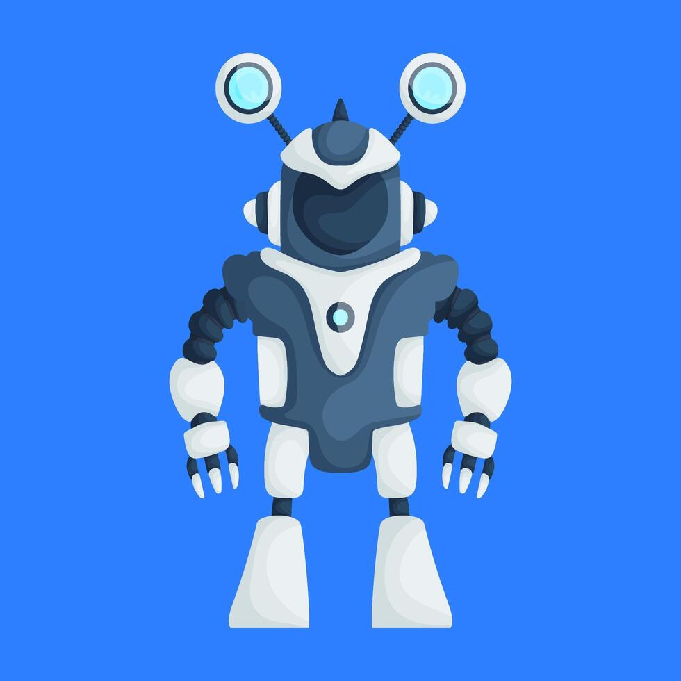 Cartoon illustration of a futuristic robot with blue and white design, claw-like hands, and antennae, set against a blue background. vector