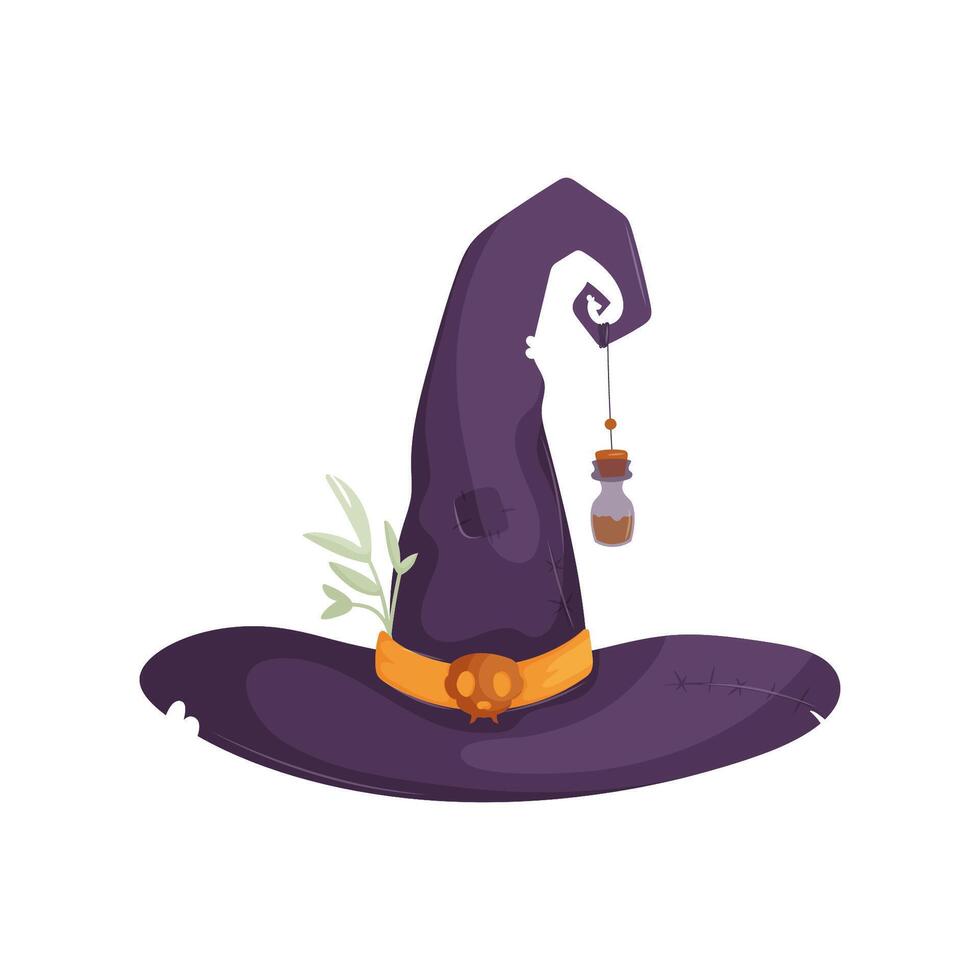 Illustration of a dark purple witch hat featuring a dangling potion bottle, green leaves, and a yellow belt with a skull emblem. vector