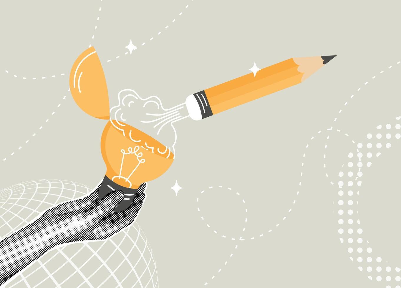 Trendy halftone collage. Creative idea generation concept using a pencil and a light bulb. Concept of new idea generation, invention, inspiration,genius idea, content writing. illustration vector