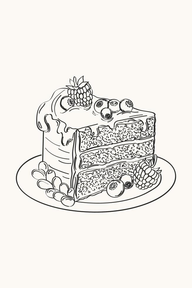 A piece of cake with berries and whipped cream. Hand-drawn illustration in the style of pencil sketch .Sketch congratulations, poster, invitation in retro style.Line art vector