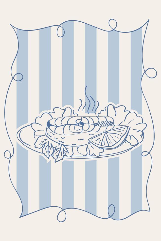 Doodle style poster. Salmon steak with lemon and salad on a plate. Retro style poster sketch. vector