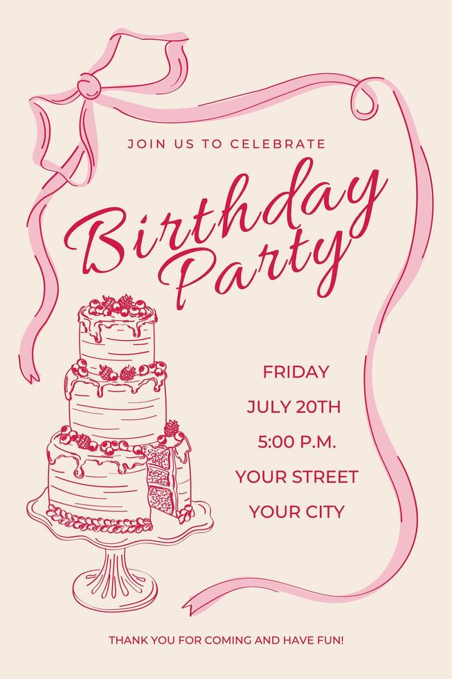 Birthday invitation with cake and ribbon. Hand drawn illustration in pencil sketch style .Retro style invitation sketch.Line art vector