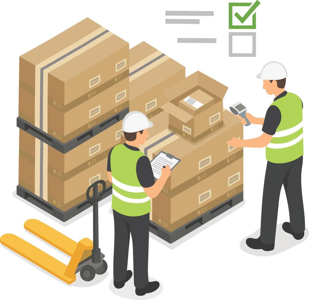 Two workers in safety vests and helmets check inventory in warehouse, surrounded by stacked cardboard boxes and pallet jack vector