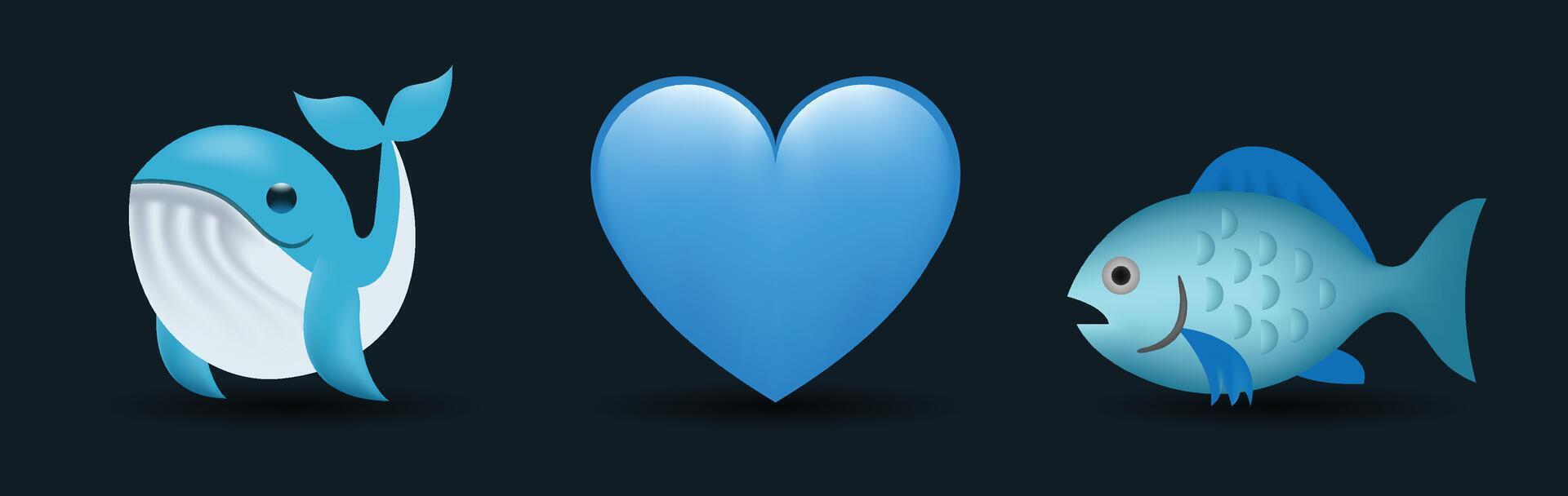 3 emoticons isolated on white background. Blue color heart, whale, fish emoji Illustration. 3d illustration set. vector