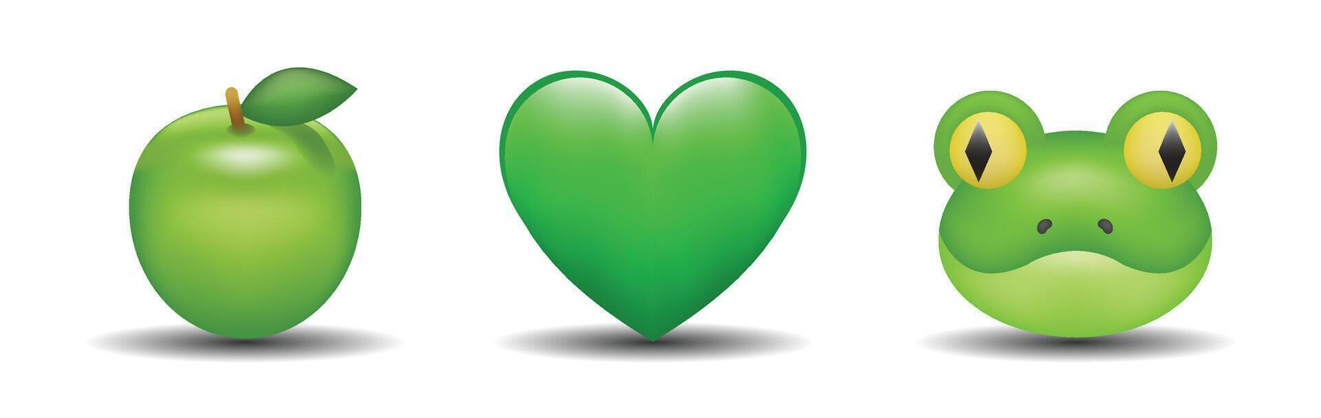 3 emoticons isolated on white background. Green color heart, apple, frog emoji Illustration. 3d illustration set. vector