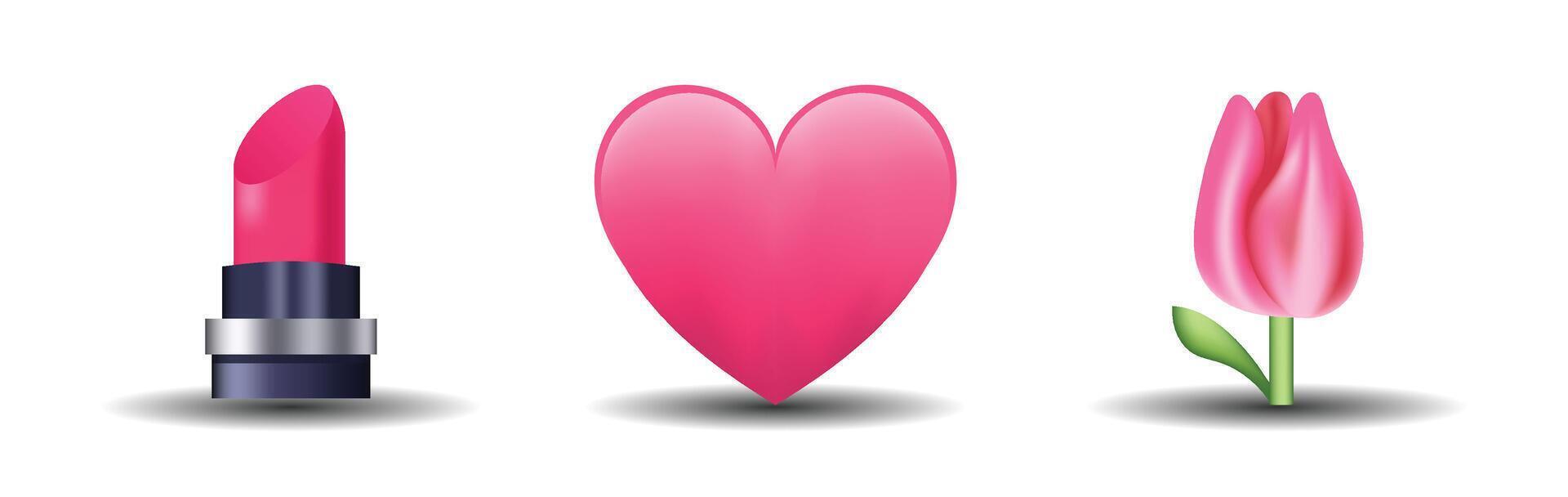 3 emoticons isolated on white background. Pink color heart, lipstick, tulip emoji Illustration. 3d illustration set. vector