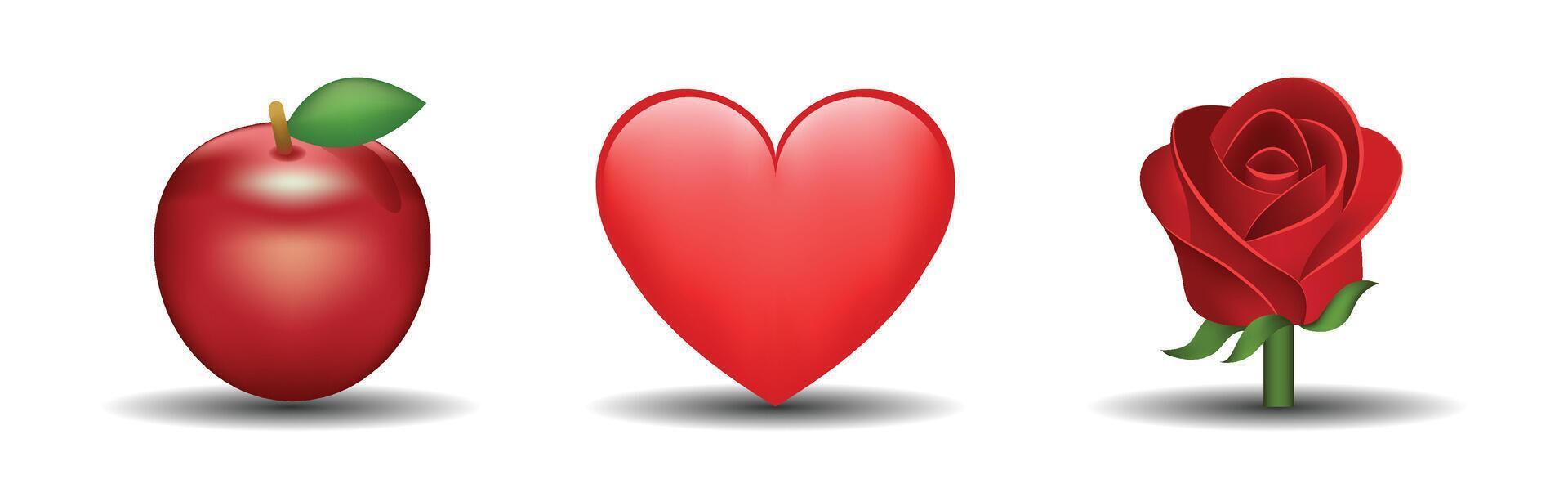3 emoticons isolated on white background. Red color heart, apple, rose emoji illustration. 3d illustration set. vector