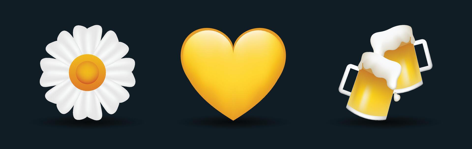 3 emoticons isolated on white background. Yellow color heart, daisy, two glasses with beer emoji illustration. 3d illustration set. vector