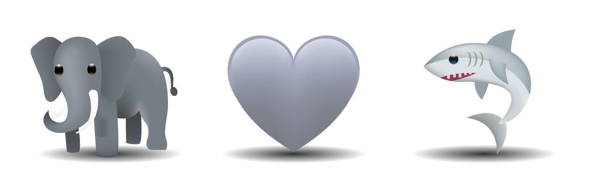 3 emoticons isolated on white background. Gray color heart, elephant, shark emoji illustration. 3d illustration set. vector