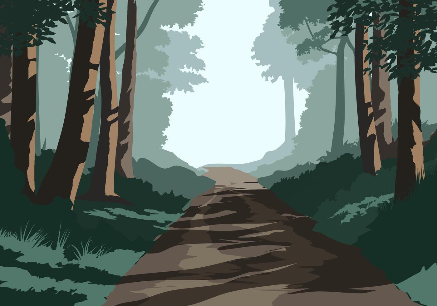 Path in forest illustration. Woodland landscape vector