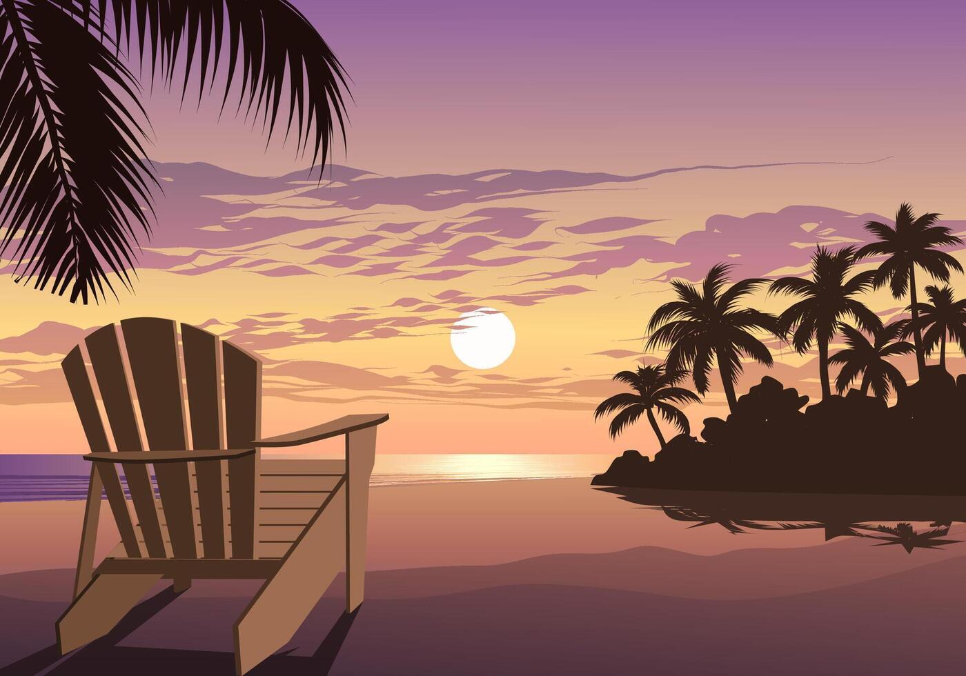 A beach scene with a chair and a palm tree vector