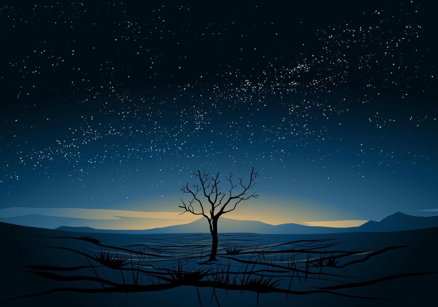 Breathtaking starry night with solitary tree vector