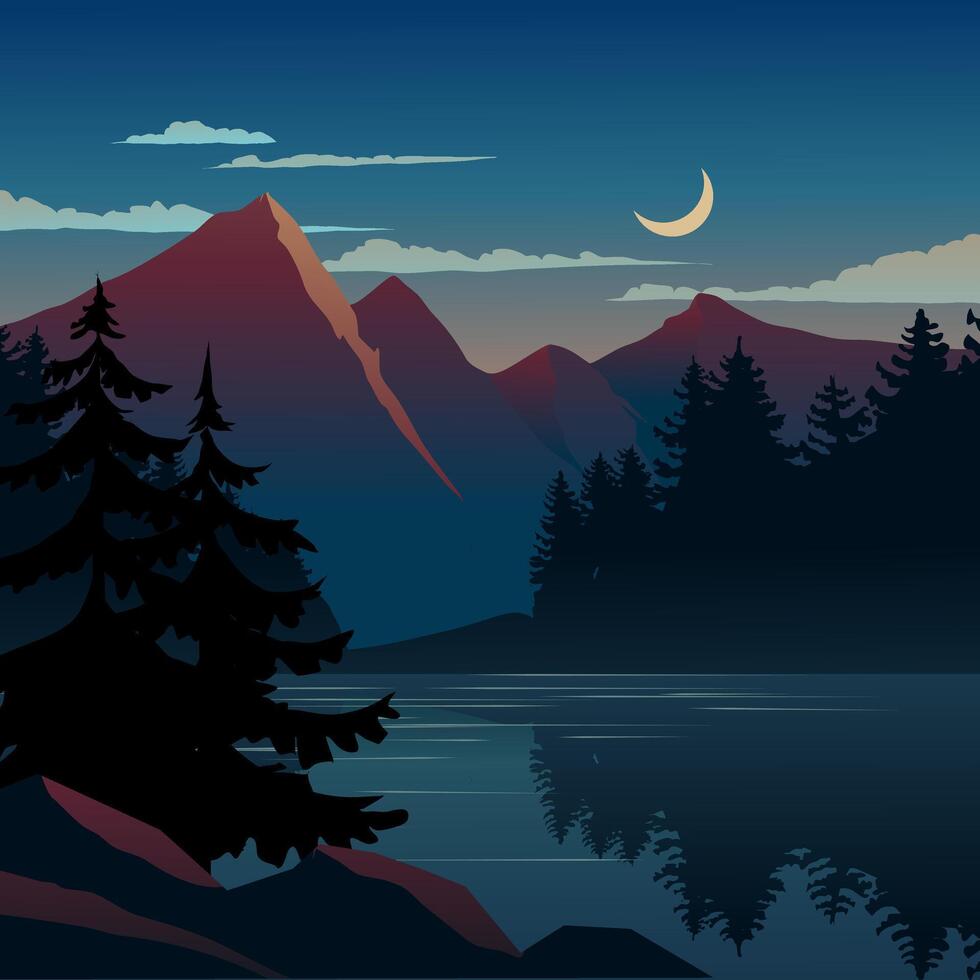 Night over the lake with mountain in the background vector