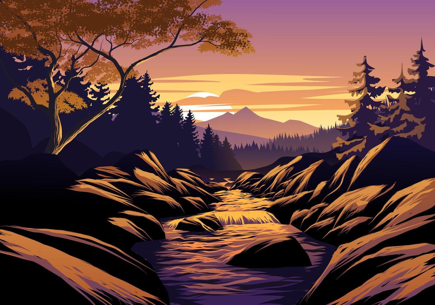 Peaceful river sunset illustration with mountain and rocks vector