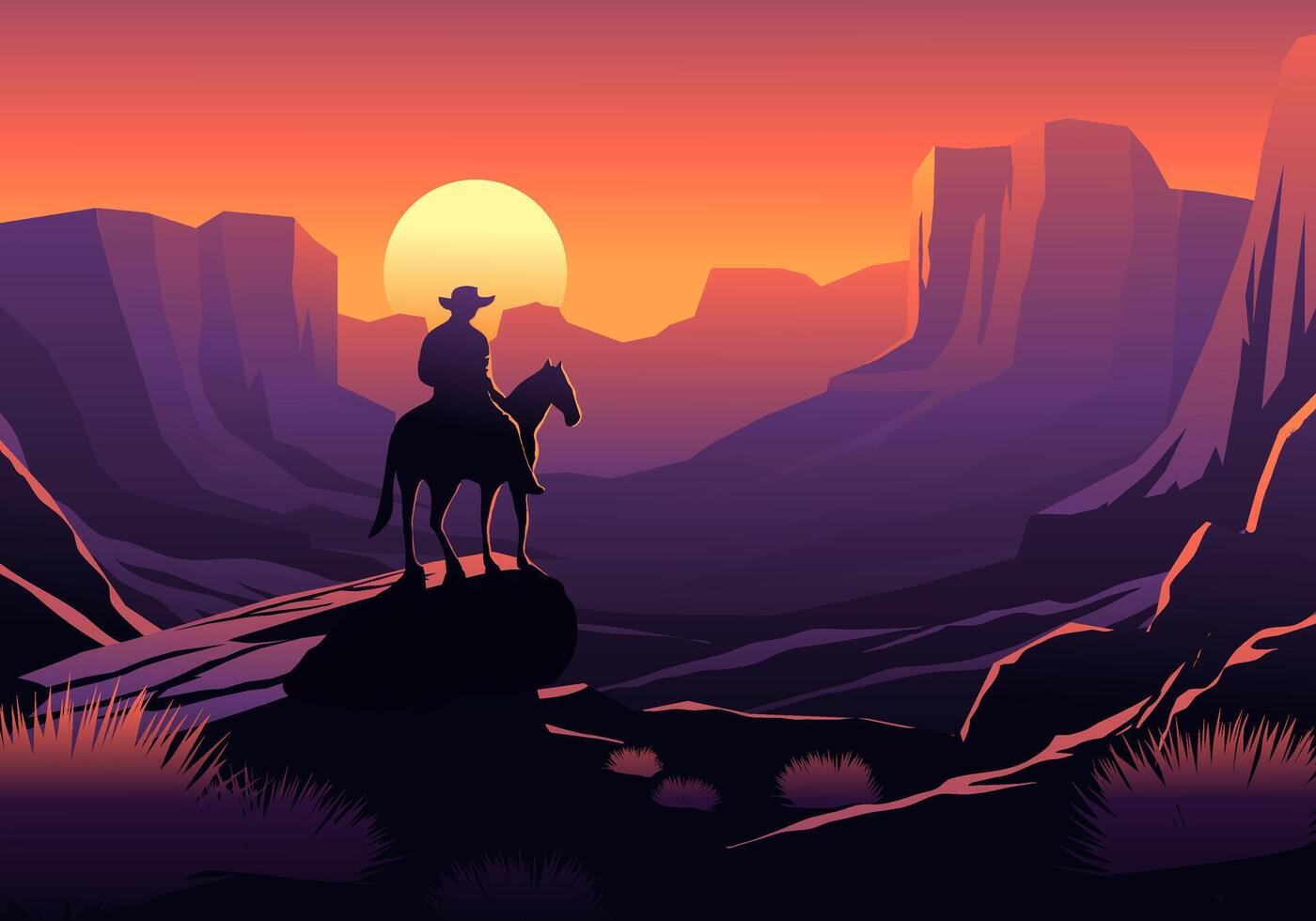 Desert sunset landscape illustration with a cowboy on a horse vector