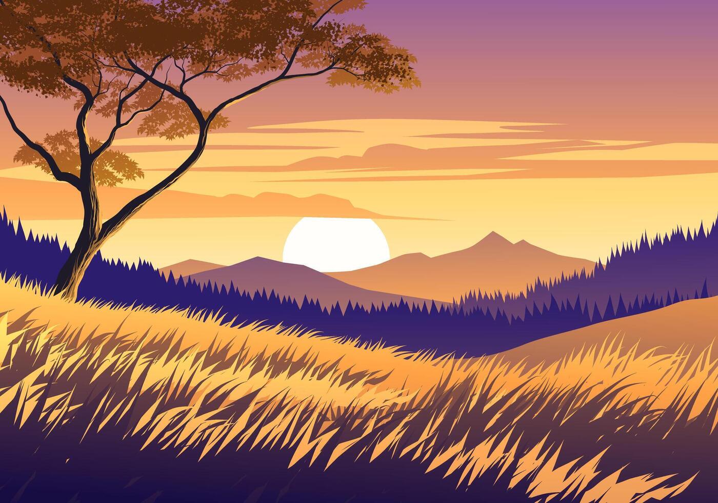 Peaceful grassland sunset illustration with trees and mountain vector