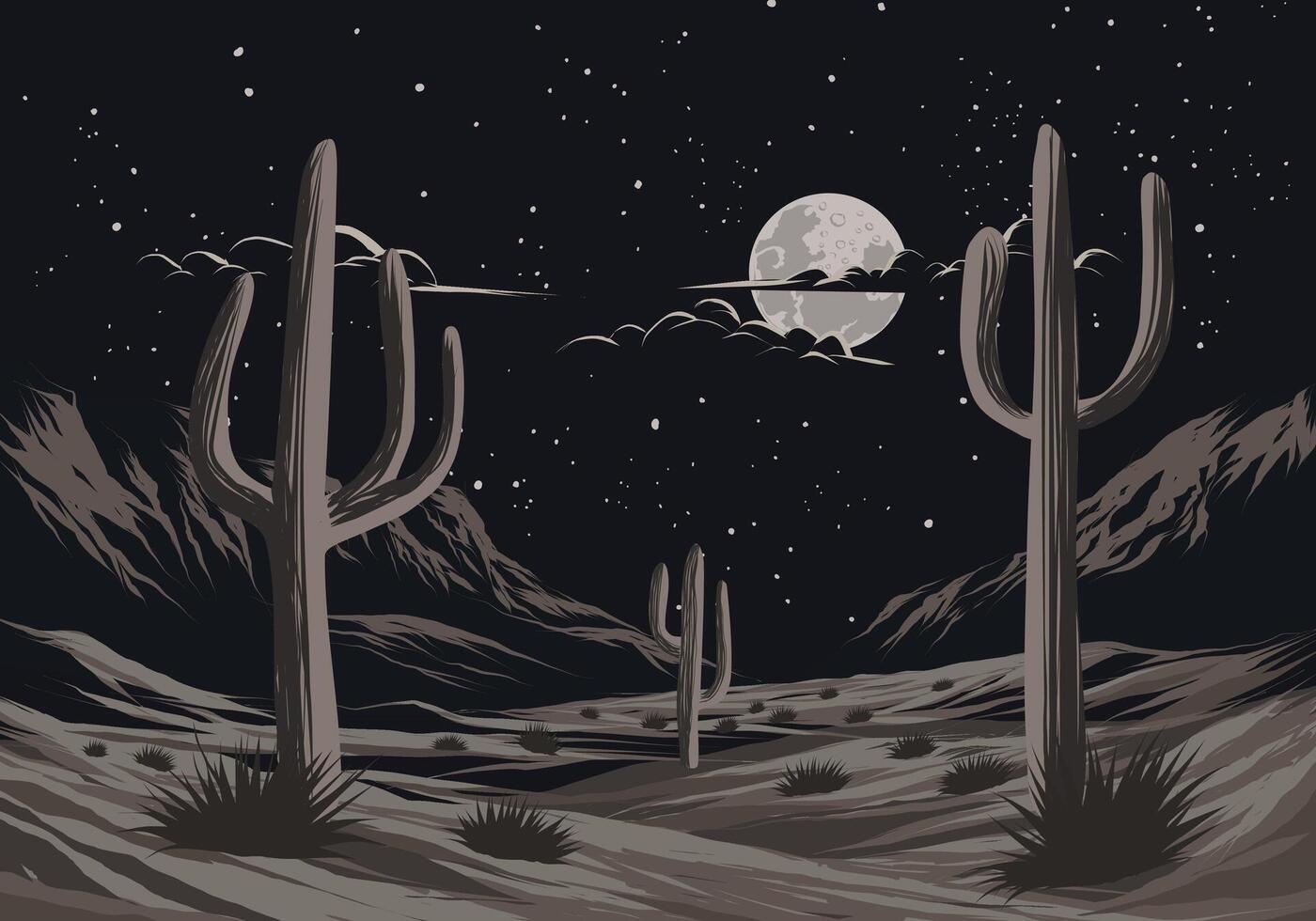 Desert night illustration with cactus and full moon vector