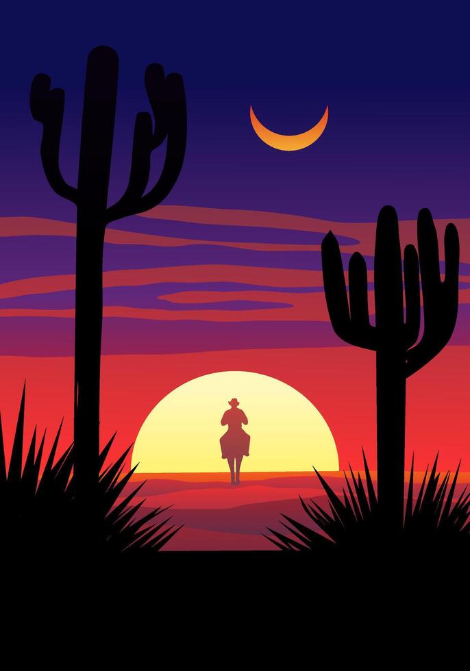 Into the sunset. Desert sunset illustration with a cowboy rindiing horse toward the sun vector