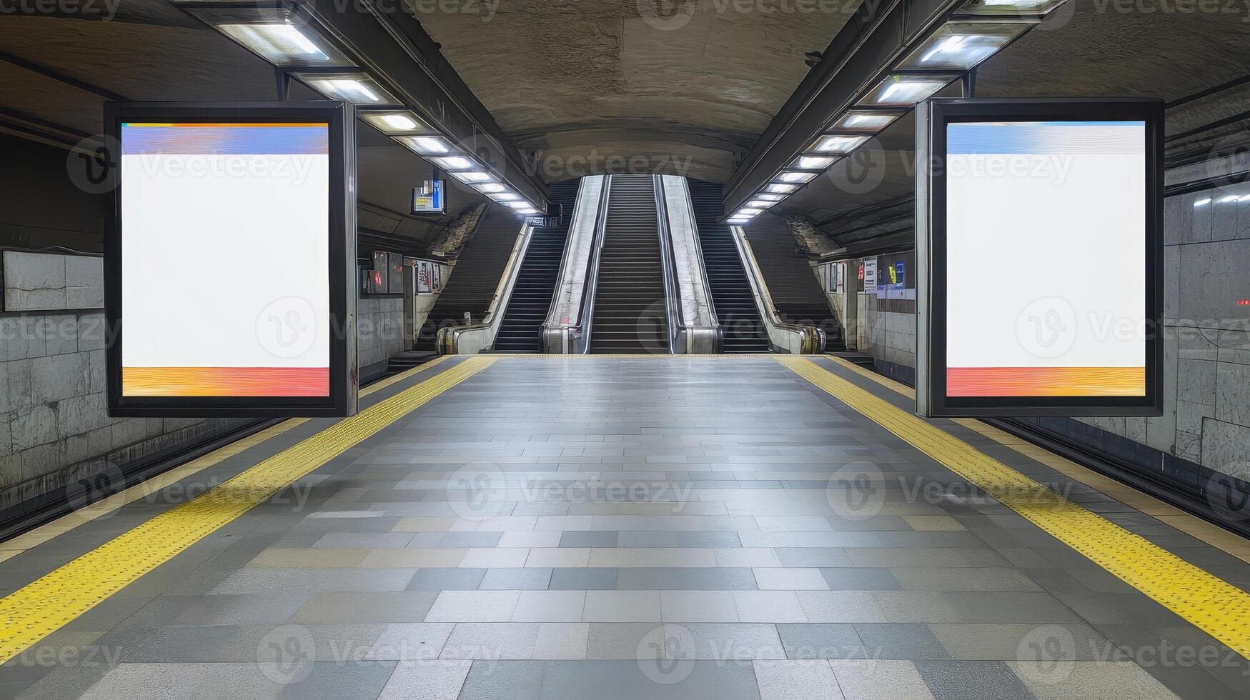 Subway Platform with Billboards Blank Canvas for Urban Advertising Potential at Transit Hub photo