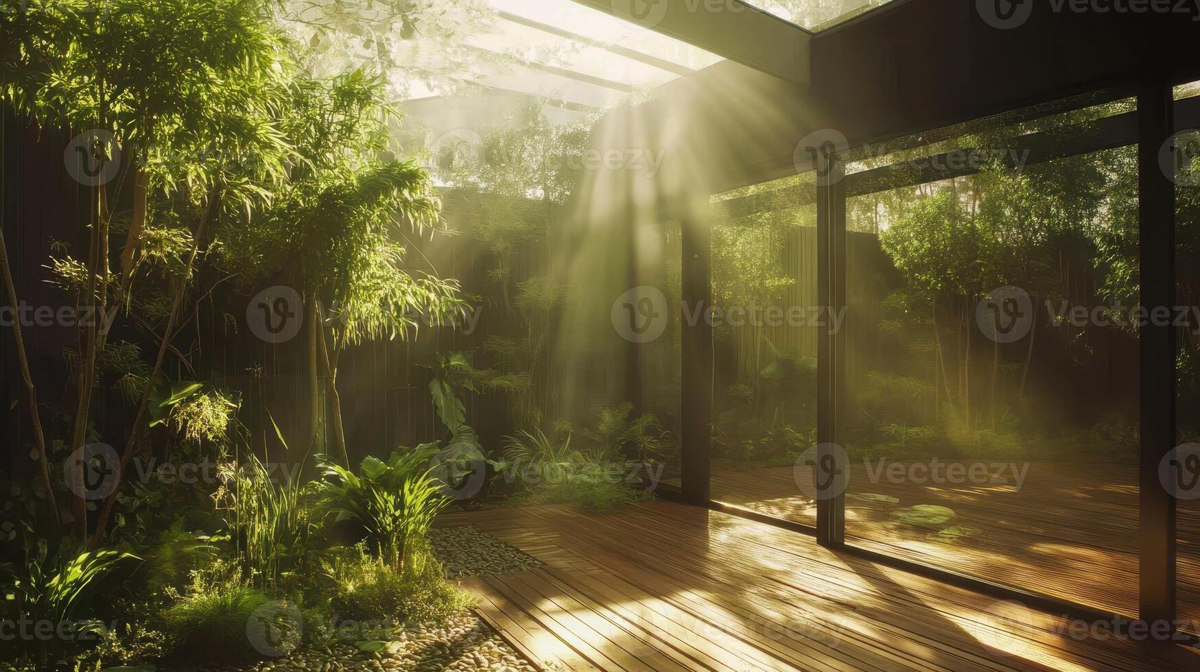 SunDrenched Serenity A Modern Garden Oasis with Lush Greenery and Bright Sunlight photo