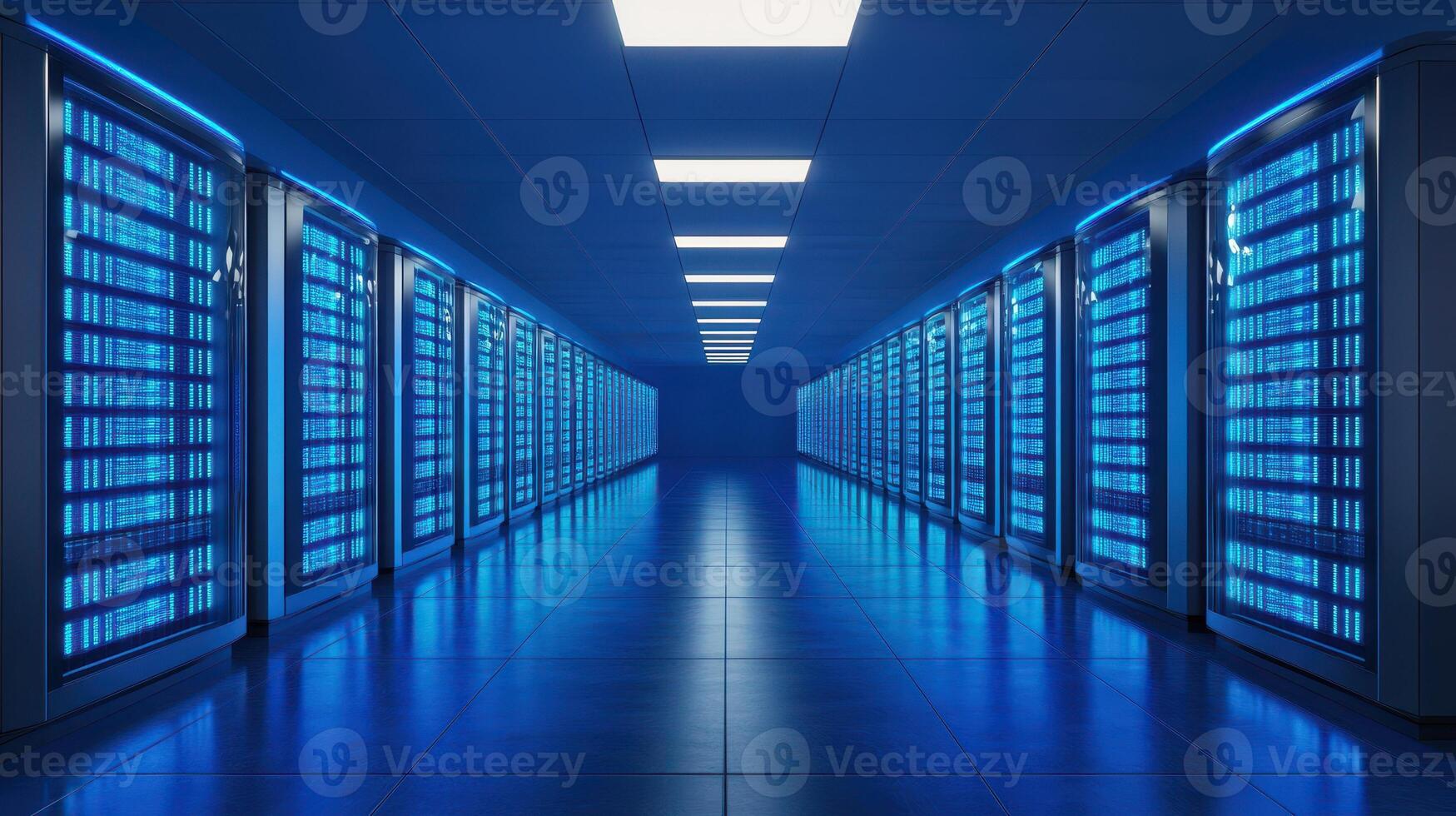 Futuristic Server Room Glowing Data Centers in a Bluelit Corridor High Tech Infrastructure and Server Storage photo