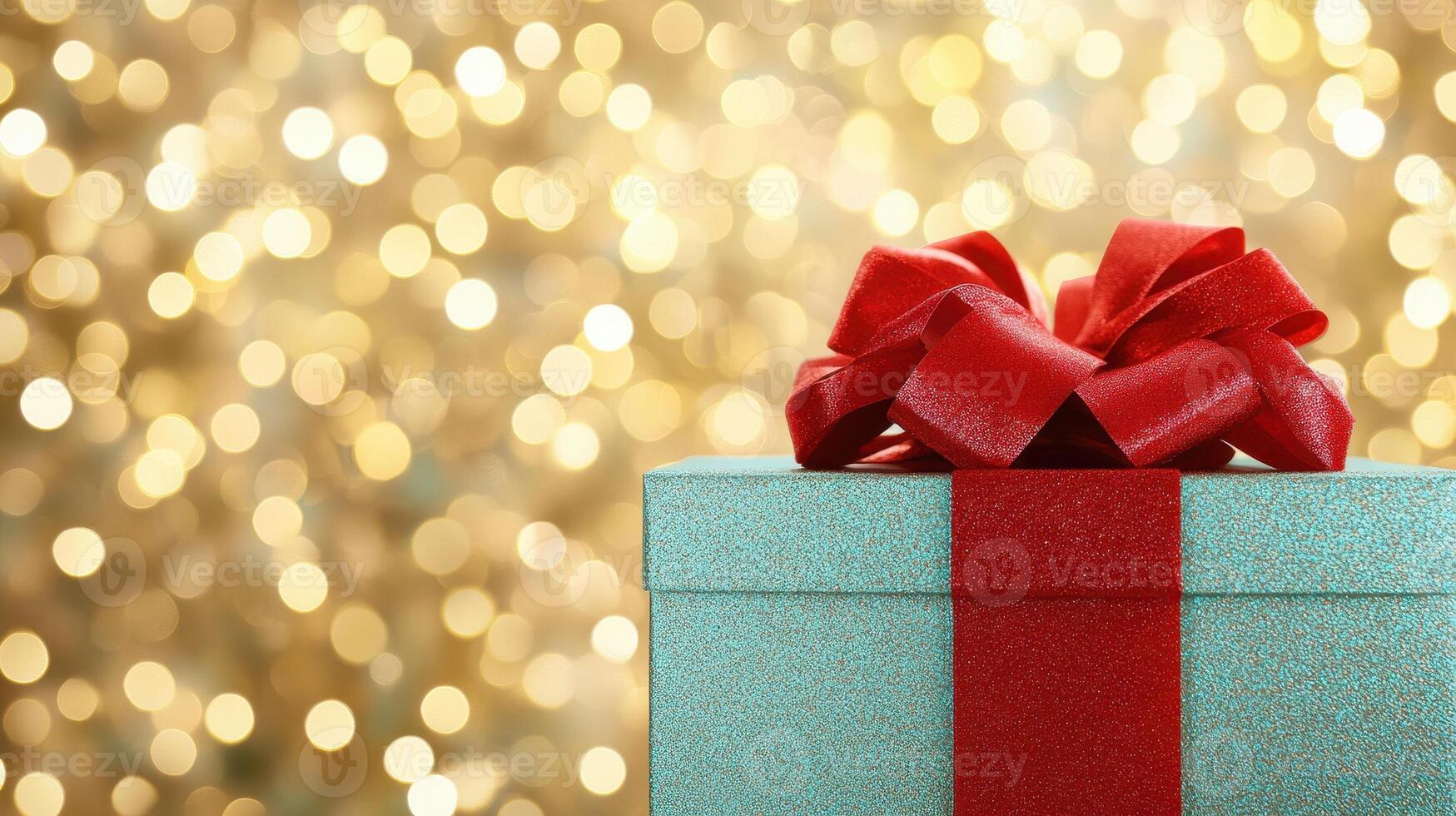 Sparkling Gift Festive Aqua Box with Red Ribbon Against Golden Bokeh Lights photo