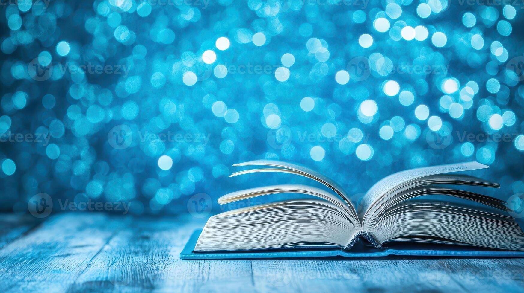 Open Book on Blue Wood with Bokeh Background A Study in Light Knowledge and Serenity photo