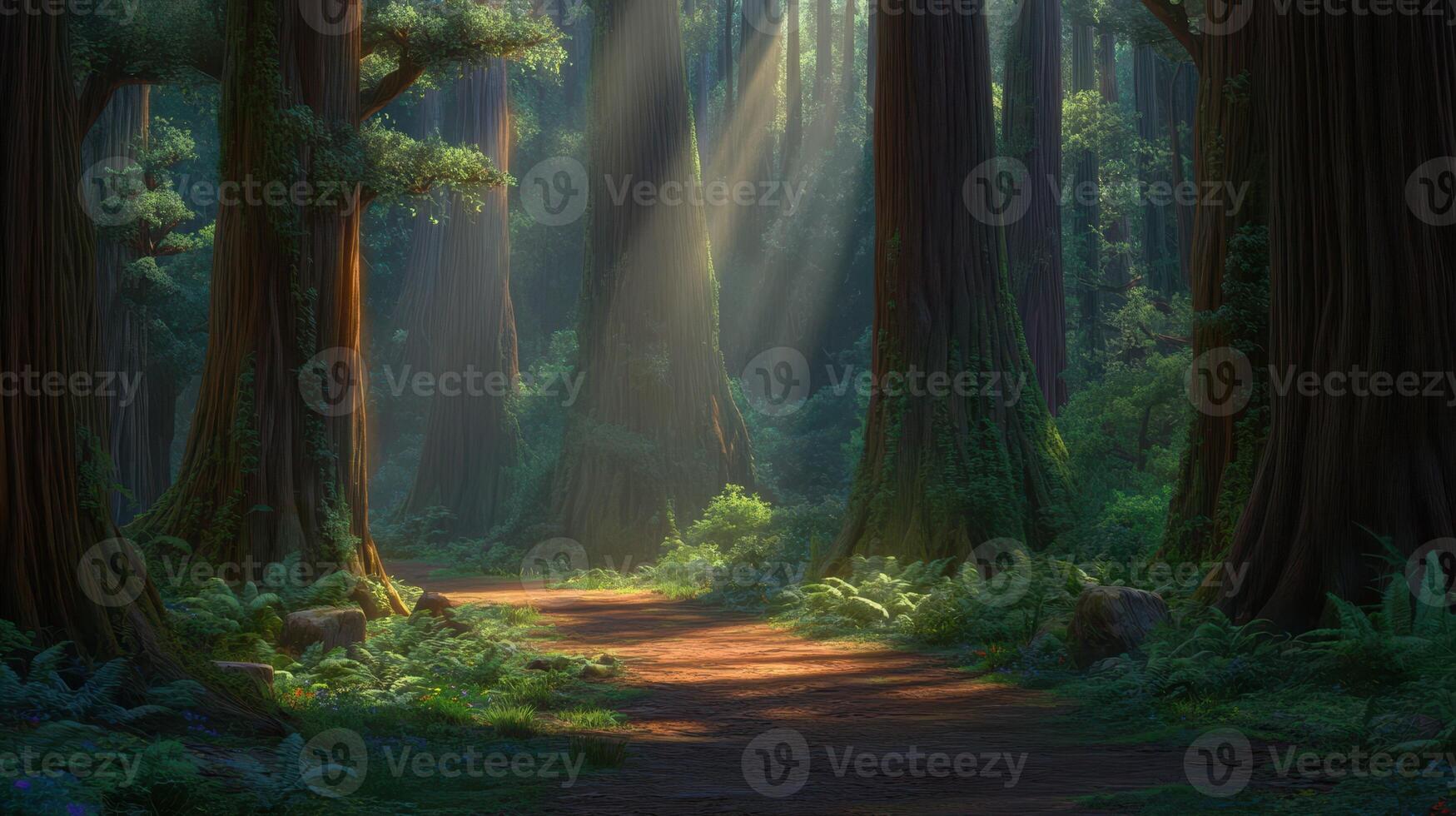 Sunlit Path Through Ancient Trees A Lush Forest Trail photo