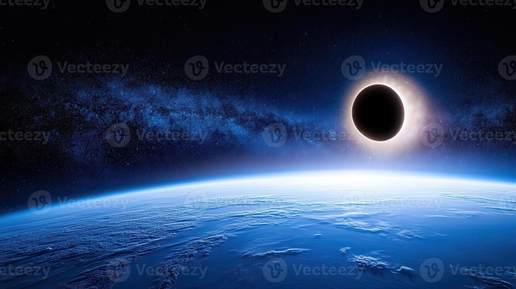 Cosmic Dance Earth, Eclipse, and the Milky Way's Embrace in the Vastness of Space photo