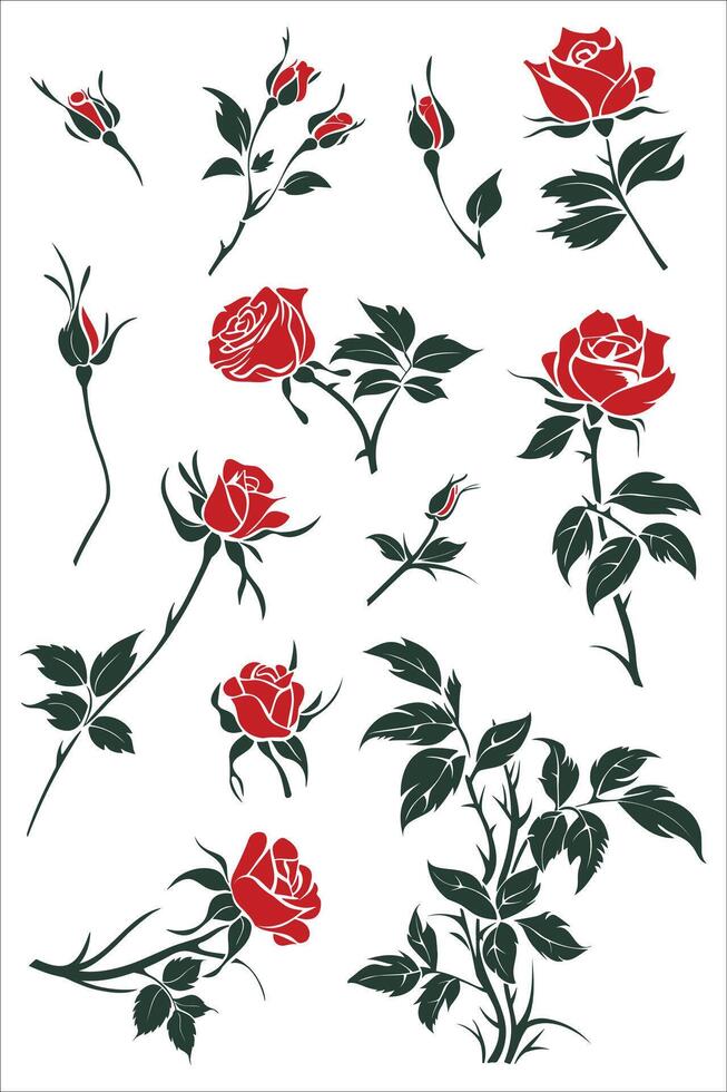 Red Roses and Buds Illustration Set vector