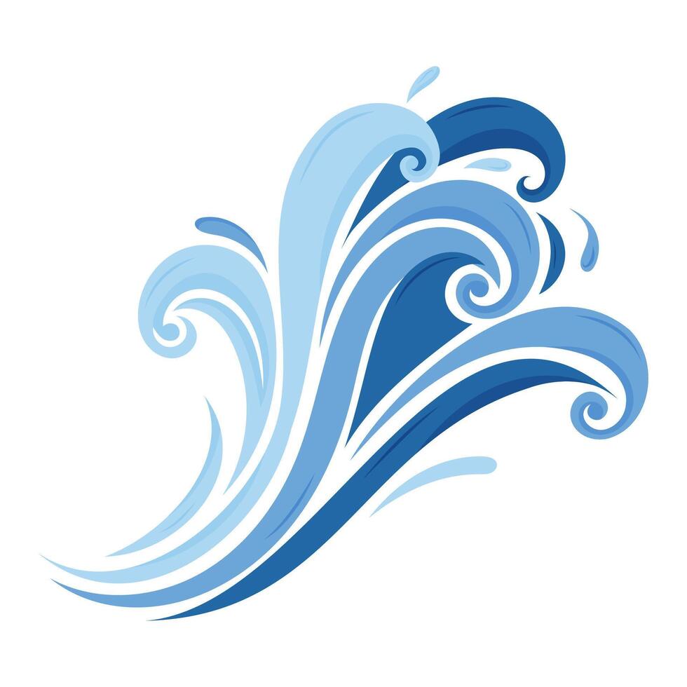Blue Ocean Wave Splash with Swirls and Water Drops Isolated on White vector