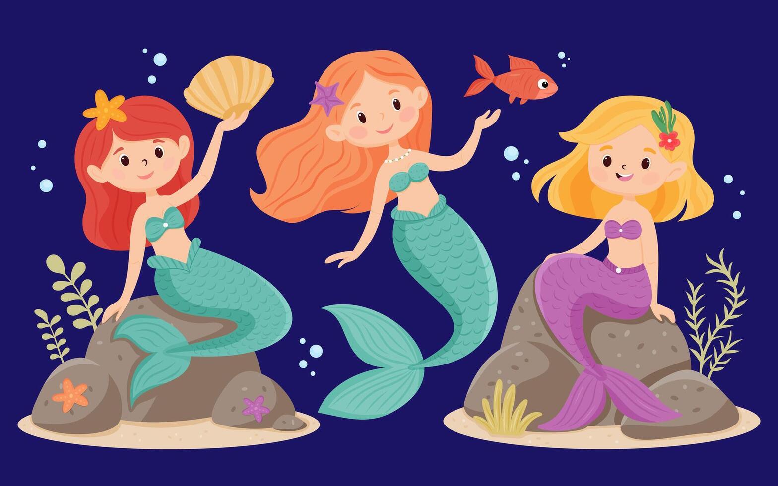Three smiling mermaids swimming and sitting on rocks under the sea vector