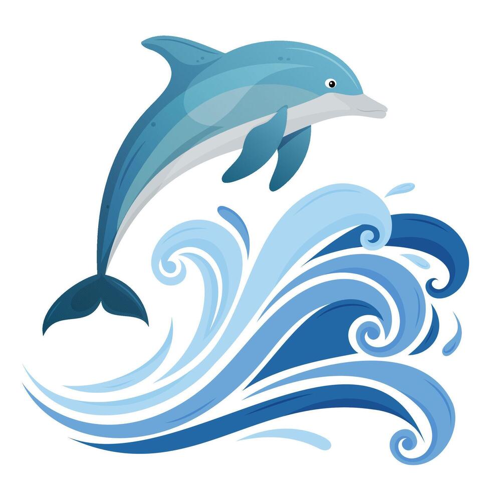 Playful dolphin jumping over swirling blue ocean waves vector